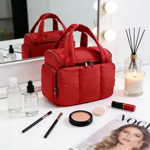 Travel Toiletry Bag For Women With Puffy Water-Resistant Fabric, Large Makeup Bag, Wide-Open Cosmetic Make Up Organizer With Handle, Travel Bag For Toiletries, Essentials, Accessories Roomy Makeup Bag Organize Durable