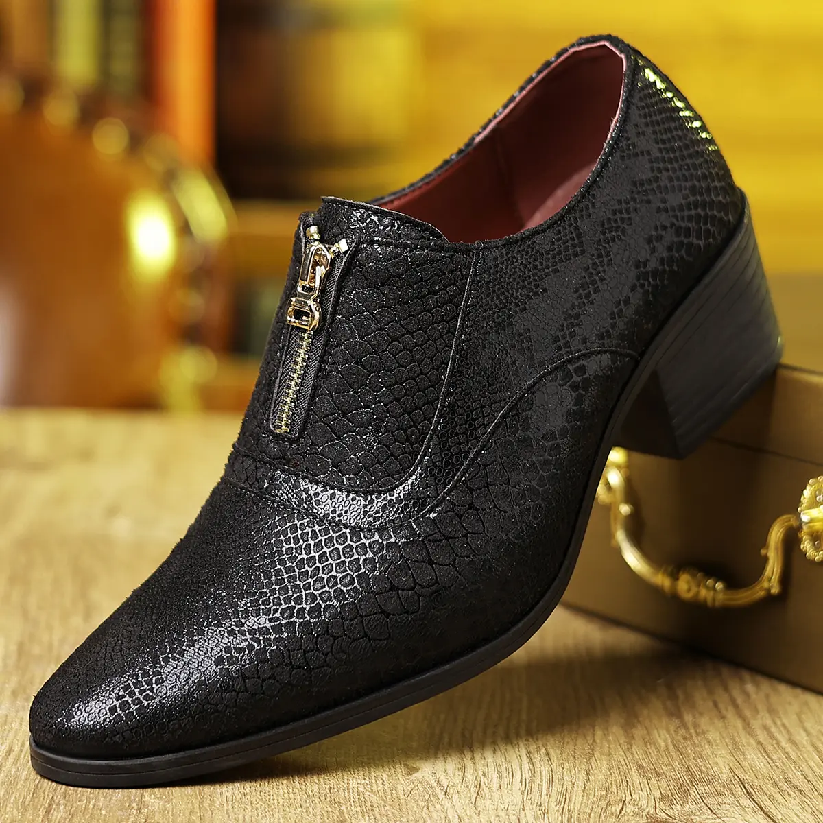 DINAOR Men's Retro Pointed Toe Boots in PU Leather, Slip-On Style with Elastic Laces, Kitten Heel, and Waterproof Sole for Casual Wear, Rubber