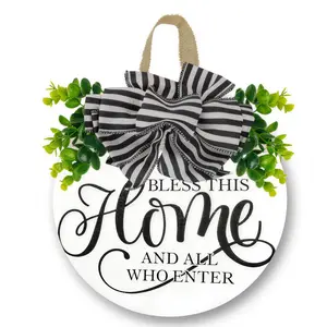 12x12 Inch Large Eucalyptus & Striped Bow Welcome Sign| "Bless This Home And All Who Enter" Round Wood Decor for Front Door & Porch| for Spring Summer Fall All Seasons Holiday Outdoor Decor