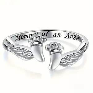 Adjustable Mommy of an Angel Ring Engraved Footprint Wing Design Silver Memorial Jewelry Thoughtful Sympathy Gift for Mother, Sentimental  Mother's Day Gift