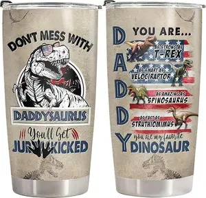 20 oz Insulated Stainless Steel Daddysaurus Water Bottle - Portable Jurassic Dinosaur Drink Tumbler with Lid, Father's Day Gift for Men, Papa, Insulation