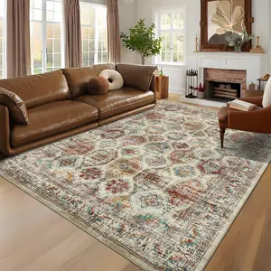 GARVEE Large 10x13 Area Rug - Machine Washable, Non-Slip, Low Pile Foldable Vintage Style Carpet for High Traffic Indoor Spaces, Multicolored Distressed Design for Living Room and Bedroom