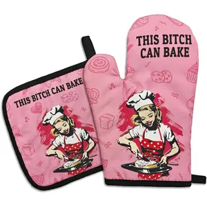 Funny Oven Mitts and Pot Holders(Set of 2) This Bxxch Can Bake Heat Resistant Mitts Retro  Non-Slip Oven Mitts Kitchen  for Men Women  Birthday  for Bake Lover Chef Mom