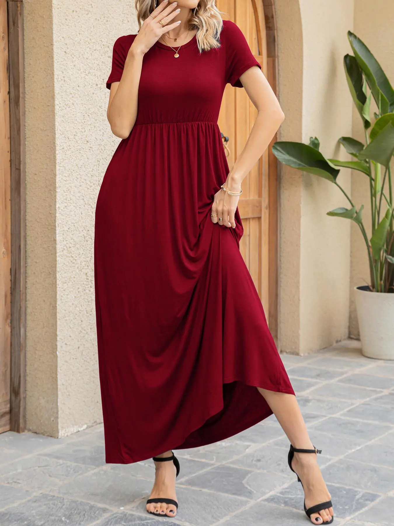 Women's Plain Pocket Round Neck A Line Dress, Casual Short Sleeve Long Dress,  Ladies Summer Clothes for Daily Wear, Casual Dresses - TikTok Shop