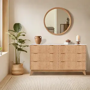 Brown Diamond-Fluted Drawer Dresser with Marble Top - 54in Wavy Textured Wood Dresser  6 Drawers Dresser for Bedroom  Modern Storage Organizer for Homeowners and Interior Designers-White