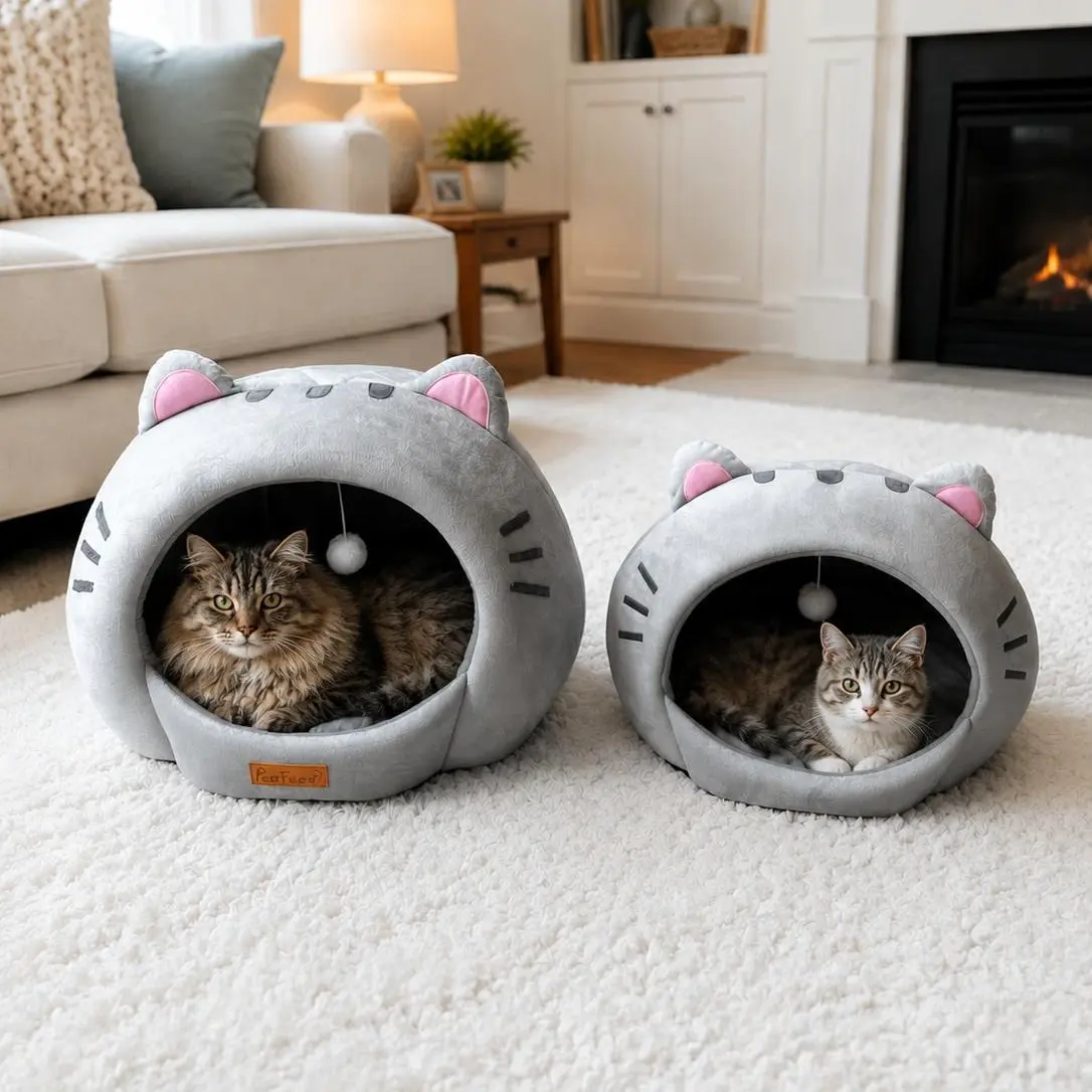 Cute Cat Cave Bed - Private Kitten House with Hanging Toy Ball & Removable Plush Cushion, Machine Washable Semi-Enclosed Indoor Cat Nest