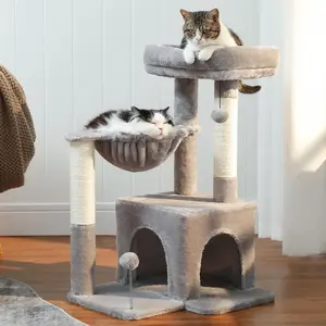 PAWZ Road Cat Tree 29.5" Sisal Cat Scratching Post Tower with Top Perch, 2-Door Cat Cave, and Large Basket for Indoor Cats, Gray