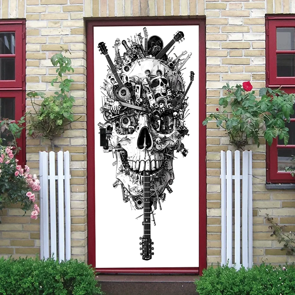 2pcs Gothic Skull Music Element Wall Sticker Creative Bedroom Living Room Decor Removable PVC Trendy Art Decal Self Adhesive Home Wall Decoration  Collage Self-Adhesive Door Sticker