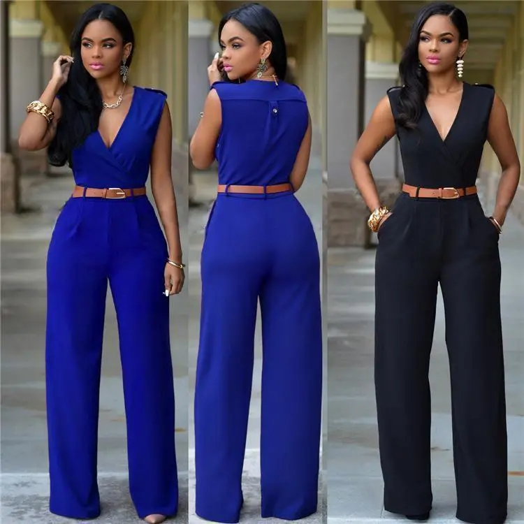 European and American Sexy Women's Clothing with Pockets High Waist V-neck Wide Leg Pants Irregular Jumpsuit Containing Belt
