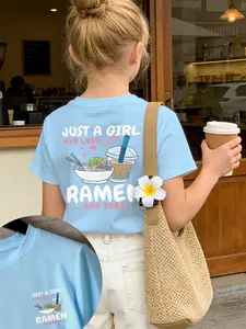 Oversized Light Blue Kids 'Just a Girl Who Loves Ramen and Boba' Graphic Tee, Graphic Printed Tee | Kawaii Ramen & Boba Print | Coquette Clean Girl Aesthetic for Coffee Runs, School & Daily OOTDs | Cute Foodie Vibe #RamenBobaKi