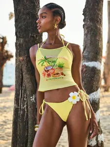 LALUZ Boutique 3-Piece Set Summer Vacation Beach Mesh Floral Print & Solid Color Spaghetti Strap Tank Top, Triangle Bikini Top, And Tie Side Swim Bottoms Sexy Women Tankini Set Ytk Clothes
