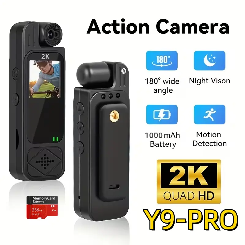 Portable Clip-On Action Camera for Vlogging, 2K HD, Built-In 256GB Memory Card, 180-Degree Rotating Lens, Rechargeable, 1-Click Audio-Video Recording, Night Vision Function