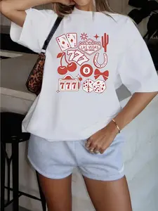 Plus Size Unisex Casual Short Sleeve T-Shirt |   Las Vegas Graphic Print with Cherries, Dice, and Cacti, Stretchy Crew Neck, Machine Washable for Lounge and Vacation Style |   Playful Geometric-Pattern Design