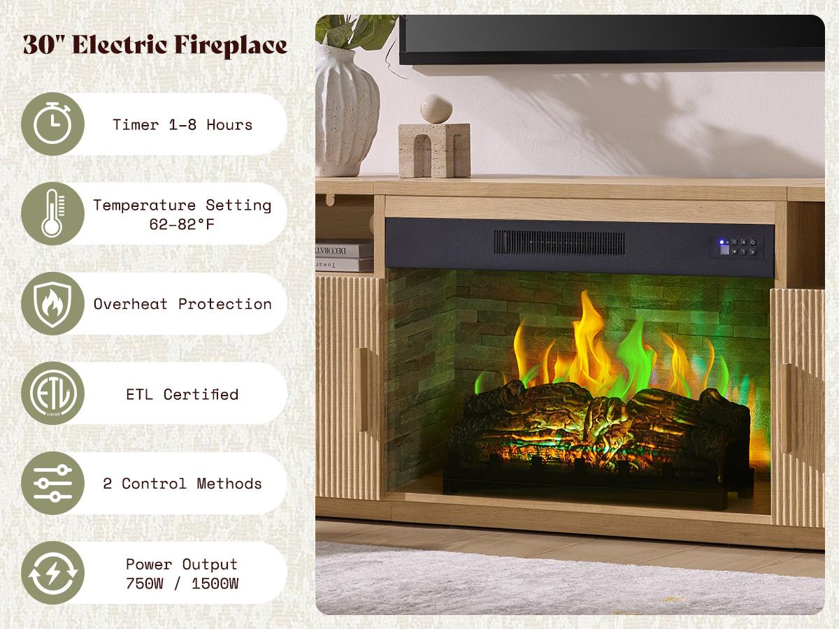 AMERLIFE 70" Fluted Fireplace TV Stand for TVs Up to 80", Modern TV Console with 30" Electric Fireplace & Storage Cabinets, Media Entertainment Center for Living Room