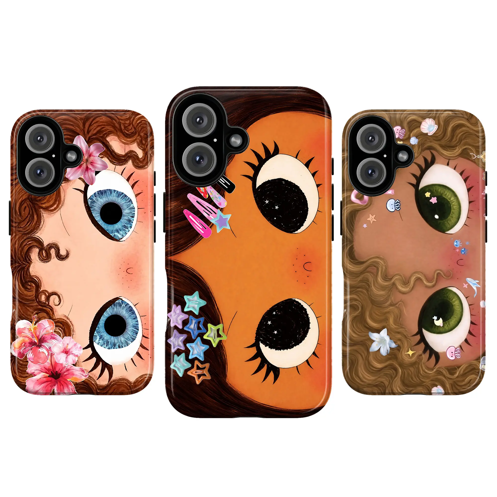 Big Eyes Girl Phone Case for iPhone 17 16 15 14 13 12 11, Cute Kawaii Cartoon Girl Cover, Big Eye Aesthetic, Whimsical Face Art, Curly Hair Character, Floral & Hair Clip Design, Blue Eyes, Green Eyes, Brown Eyes, Protective Girly Case, Gift for Her
