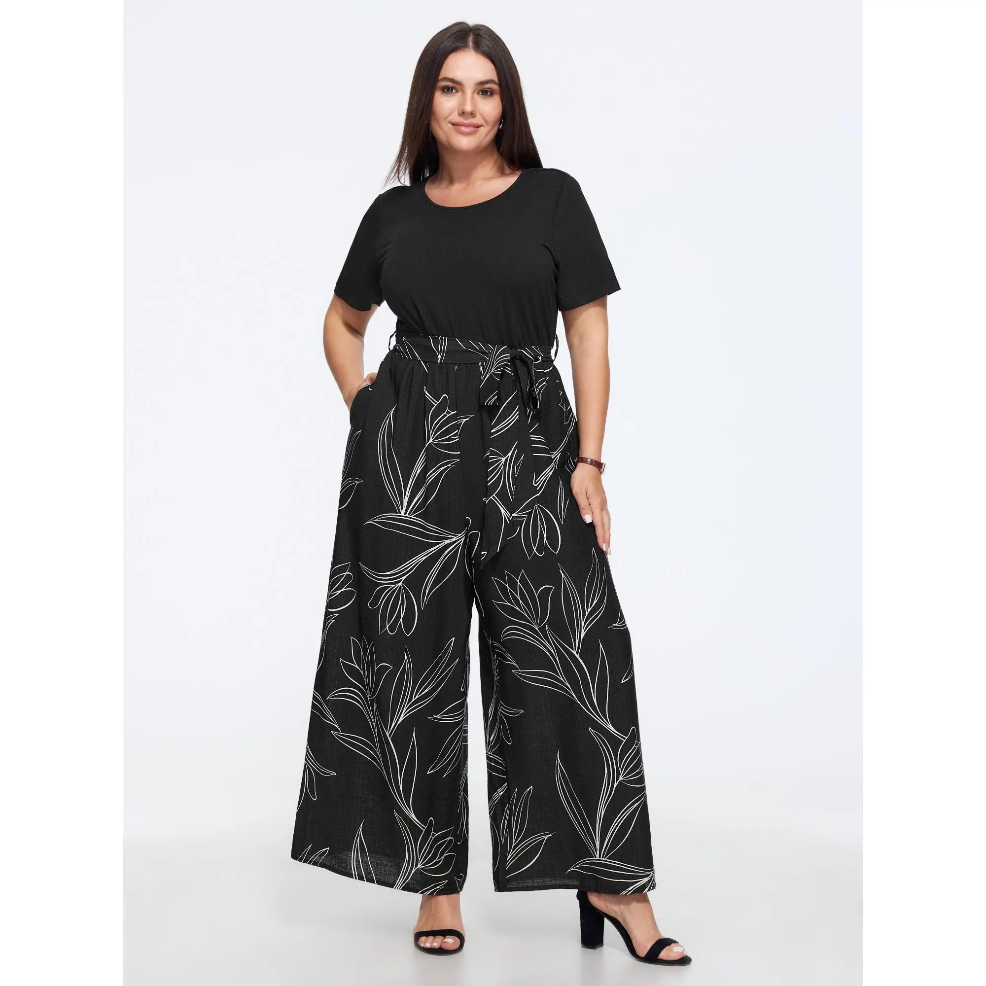 BLOOMCHIC Floral Print Scoop Neck Jumpsuit with Lace-Up Belt, Wide Leg, Curvy Plus Size Clothes 2026, Office Wear, M-6X Sizes, 2026 Summerfinds, Rayon Blend