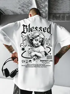 Men's Loose Short Sleeve T-Shirt, Blessed Vintage Angel Gothic Letter Print, Dark Religious Street Style, Casual Daily Wear
