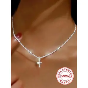 925 Sterling Silver Fashion Cross Pendant Necklace for Women & Girls,?Jewelry for Women,?Fashion Jewelry for Party, Daily Clothing Decor, Trendy All-match & Exquisite Jewelry for Birthday Gift