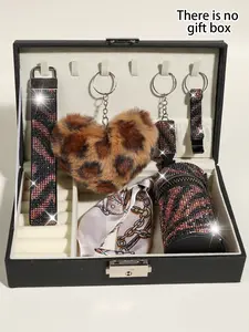 5pcs rhinestone shiny brown security key chain suit, love fur ball key chain accessories, whistle, key chain with storage bag and pompom card bag accessories kit fashionable and strong material suitable for women's gift Keychain For Bags