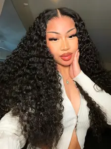 Deep Wave Curly Wigs Wear and Go Human Hair Wigs Glueless 5x5 HD Lace Front Wig Pre Plucked Pre Cut Pre Bleached Lace Closure Wig for Women 180 Density Natural Color