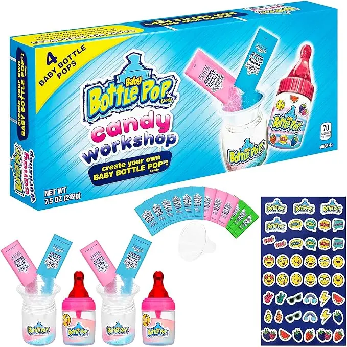 Baby Bottle Pop Candy Workshop - Candy Making Kit For Kids - 4 Count Lollipops w/Powdered Sugar Dip in Assorted Fruity Candy Flavors - Fun DIY Candy Kit For Party Favors - Lollipop Making Kit