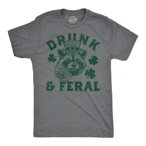 Mens Funny T Shirts Drunk and Feral Sarcastic St Patricks Day Graphic Drinking Tee for Men Mens Funny T Shirts Cool Vintage Fashion T-Shirt Gift Classic Menswear Saint Patrick's Day Apparel for Men Funny Dark Grey