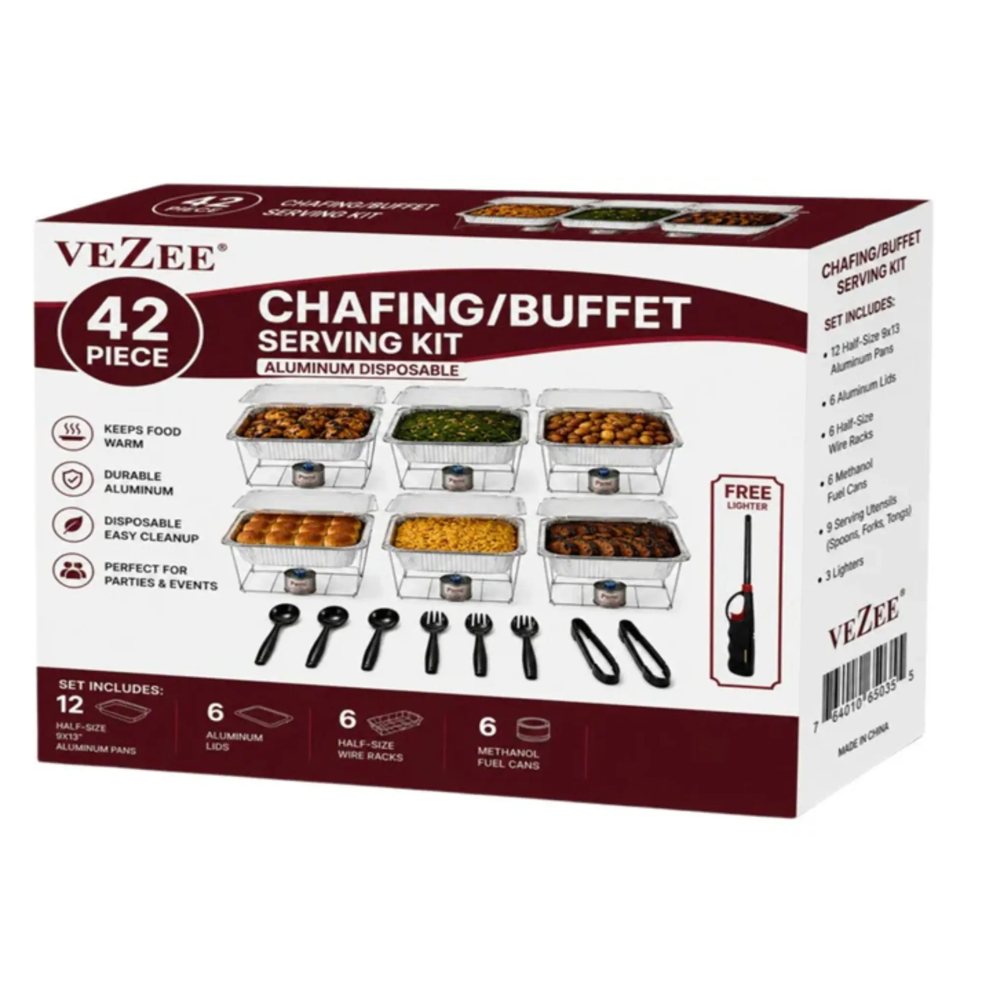 VeZee 42-Piece Disposable Chafing Dish Buffet Set with 12 Aluminum Half-Size Pans, 6 Wire Racks, 6 Fuel Cans, 6 Lids, Serving Utensils & Lighter | Catering, Parties & Events Food Warmer