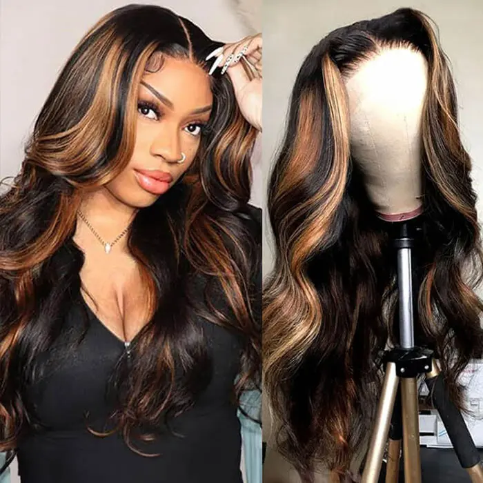13x6 ALIGLOSSY Ombre Balayage Highlight Body Wave Lace Front Wigs 1B 30 Balayage Highlight PRE Colored Wavy HD Transparent Lace Frontal Human Hair Wigs For Women