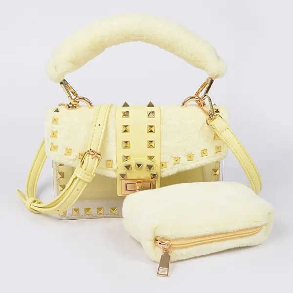 Faux Fur Clear Studded Handbag (includes cross-body strap)