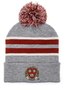 Harvard University Veritas Shield Pom Pom Beanie - Gray/Burgundy/White