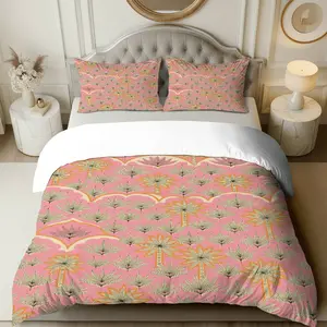 3PCS Duvet Cover Set, 1 Duvet+2 Pillowcases(Without filler), Palm Tree Pink Tropical Elegant theme, Thanksgiving bedding set, Comfort Soft Luxurious Suitable for decoration Bedroom Hotel Apartment Guestroom.