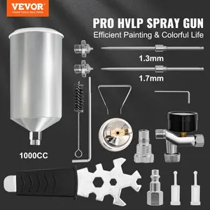 VEVOR HVLP Air Spray Gun, Professional Gravity Feed Sprayer Piant Automotive 1.3mm 1.7mm Stainless Nozzles 1000cc Copper Cup with MPS Adapter and Air Regulator for Primer, Clear Top Coat, Touch Up