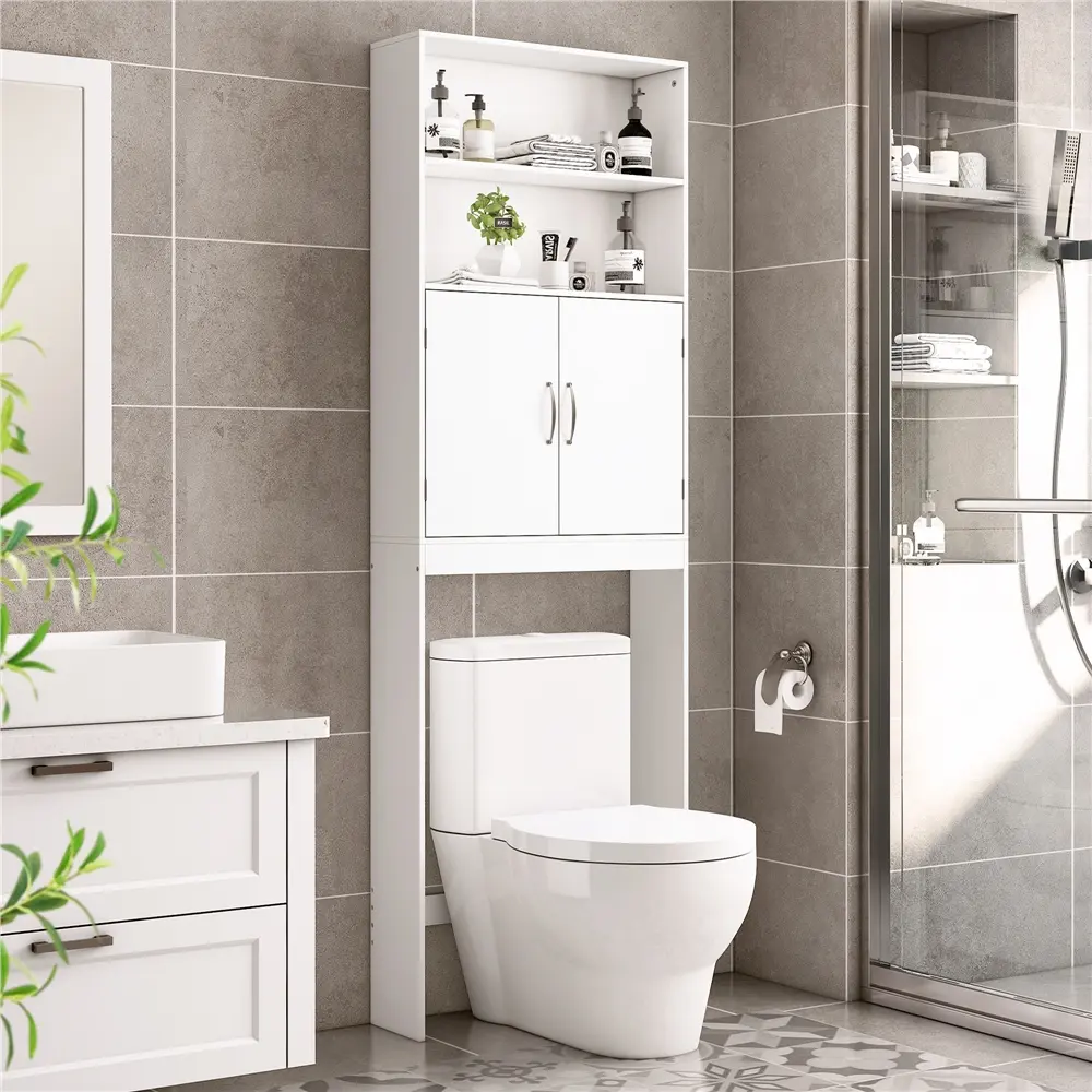 Yaheetech Modern Wooden Over-the-Toilet Bathroom Cabinet - Sturdy Modern Storage Cabinets with Adjustable Shelf, 2 Open Shelves, Clever Storage & Compartment Tall Cupboards, Requires Assembly