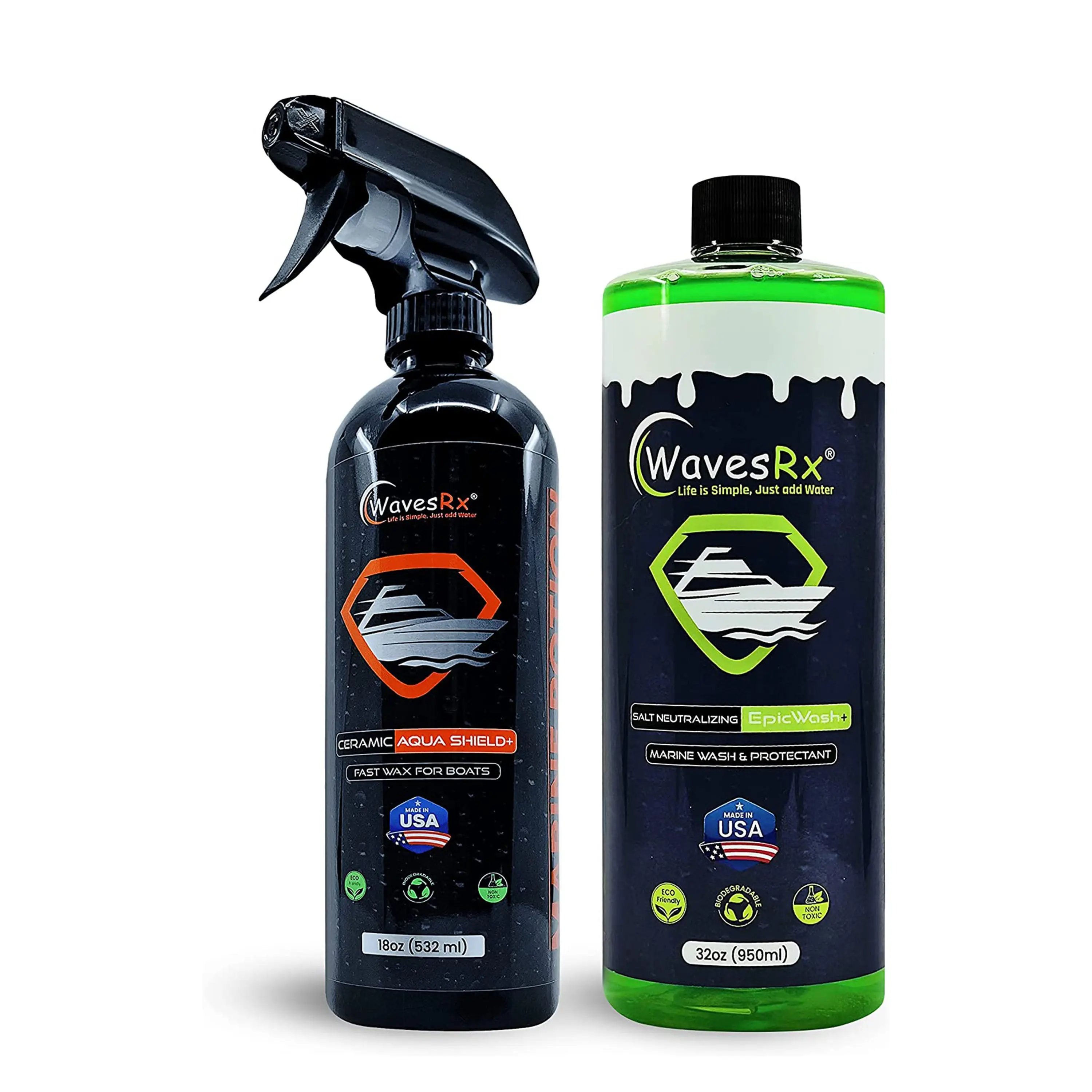 WavesRx Ceramic Sealant Spray Wax (AquaShield) + Salt Neutralizing Boat Wash (EpicWash) I Advanced Marine Wash Removes Salt & Contaminant + Ultra Slick Hydrophobic Surace Protection with Silicon Dioxi