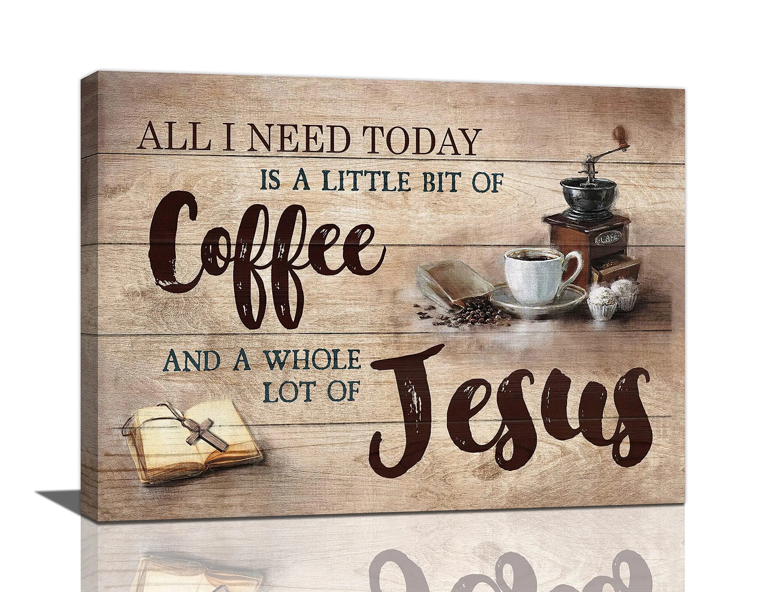 Christian Coffee & Jesus Rustic Wood Print Artwork - Antique Traditional Aesthetic, Vintage Art Graphic, Coffee Bar Station, Farmhouse Kitchen, Dining Room Wall Art, Wall Picture Decor, Antique Bible Faith Gift with Built-in Mounting Hardware