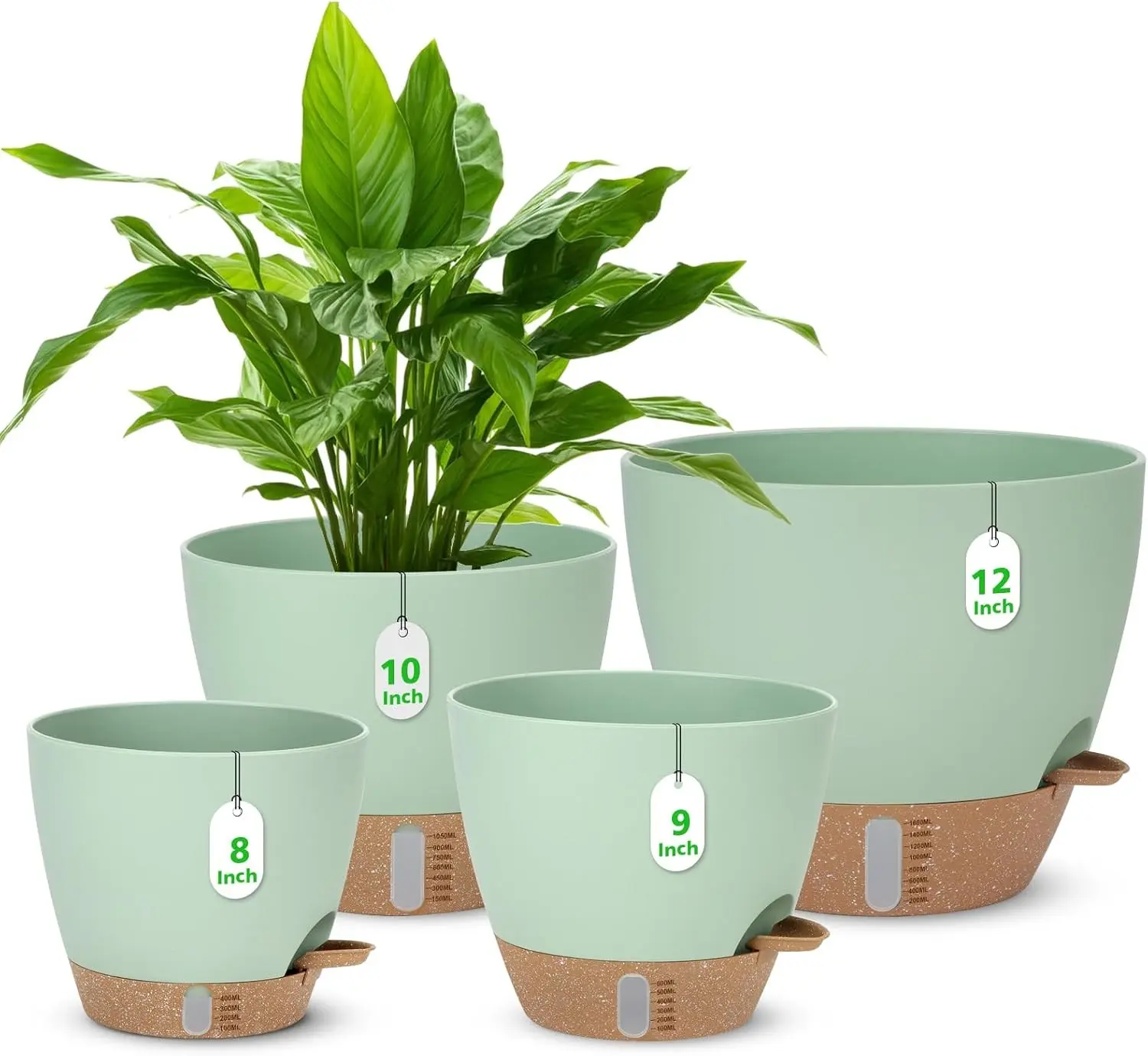 Self Watering Planter for Indoor Plants, 12" 10" 9" 8" Plastic Large Flower Pot Set with Water Level Indicator Deep Reservoir Saucer, Big House Bottom Watering Plant Pots with Drainage Hole - Green