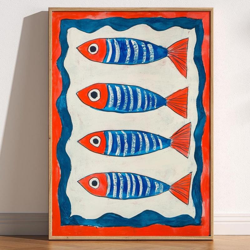 Red and Blue Sardines Wall Art, Playful Hand-Drawn Coastal Print, Mediterranean Kitchen Decor, Nautical Fishermancore Poster, Unframed