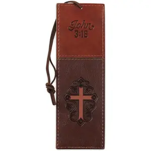 Vegan Faux Leather Scripture Bookmark for Men & Women: Cross - John 3:16 Inspirational  Verse, Heat-Debossed, Faith-Based Reading Accessory with Cord, Two-Tone Brown