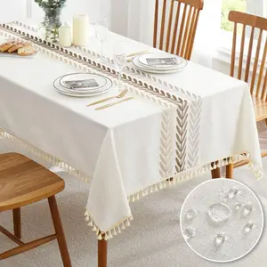 Embroidered Tablecloth for Dining TableDust Proof Spillproof Soil Resistant Cotton Linen Rectangle Table Cloths Coffee Wheat Rectangle Oblong 55'x70'' 46 Seats