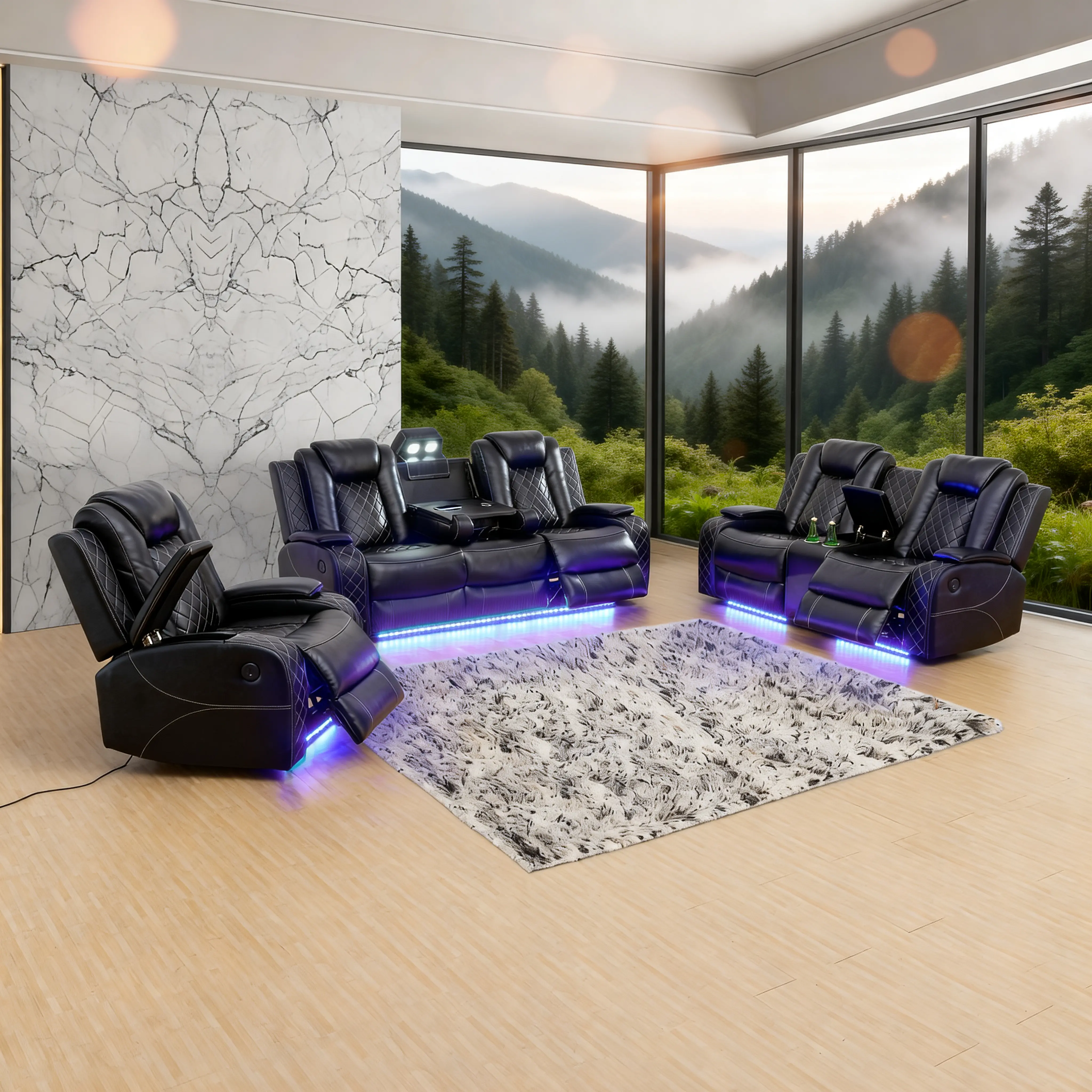 Black Leather Adjustable Reclining Sofa Set - Summervibes Modern Indoor Furniture with LED Breathing Headrest, Hidden Charger Port, Reading Chair for Living Room, Home Office Use