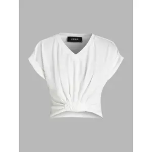Cider [3 colors, size 2-26] V-neck Solid Ruched Crop Top