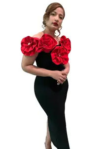 Elegant Floral Off-Shoulder Maxi Dress for Formal Wear - Sleeveless Romantic Evening Outfit for Women's Basic Wear with Red Floral Accents
