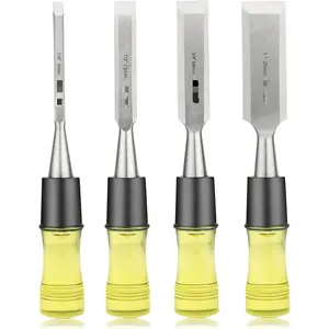 4 Piece Wood Chisel Set for Woodworking. CR-V Steel Beveled Edge Blades with Safety Caps. Durable PVC High Impact Handle, for Precision Carving & DIY Projects (1/4", 1/2", 3/4", 1")