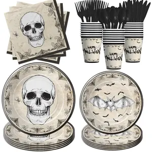 Halloween Decorations Party Tableware For Adults, Vintage Spooky Skull Bat Halloween Plates And Napkins Party Supplies, Disposable Paper Plate, Cup, Napkin, Cutlery, Serves 24 Gothic Scary