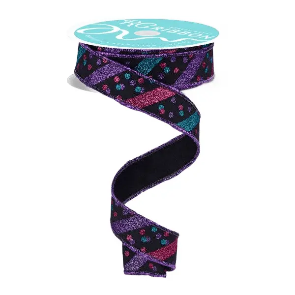 7/8" x 10yd Glitter Stripe Ribbon with Confetti Dots – Black, Purple, Hot Pink, and Teal