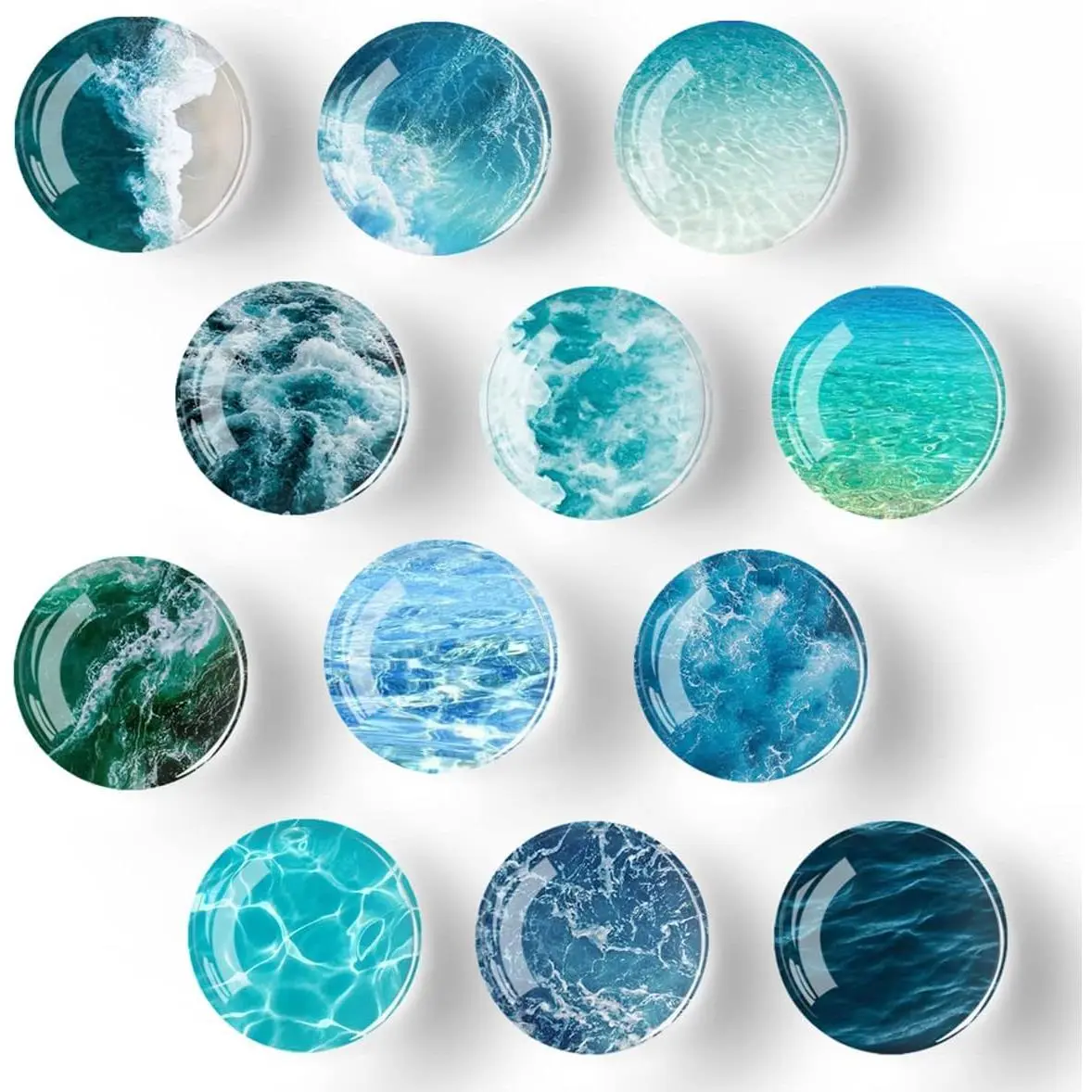 12 PCS Strong Patterned Round Glass Refrigerator Magnets Set, Decorative Ocean Design Home Supplies for Office Cabinets, Whiteboard, Kitchen Magnetic Stickers