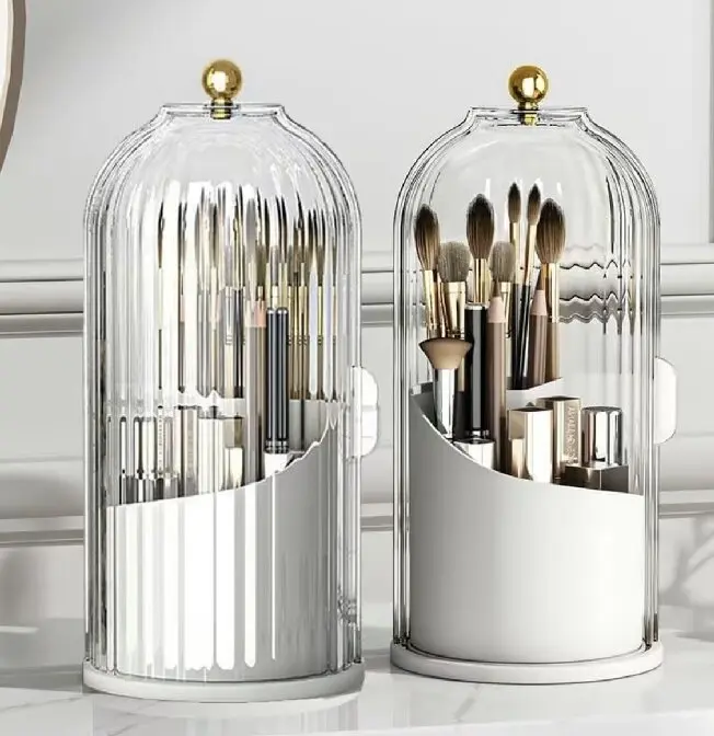 360-Degree Rotatable Acrylic-Lidded Makeup Brush Organiser, Compact Size with Compartments, Waterproof, Dustproof, Moisture Protection, Smooth Bottom Rotation, Stable Structure for Vanity Organization, Cosmetics & Skincare Storage