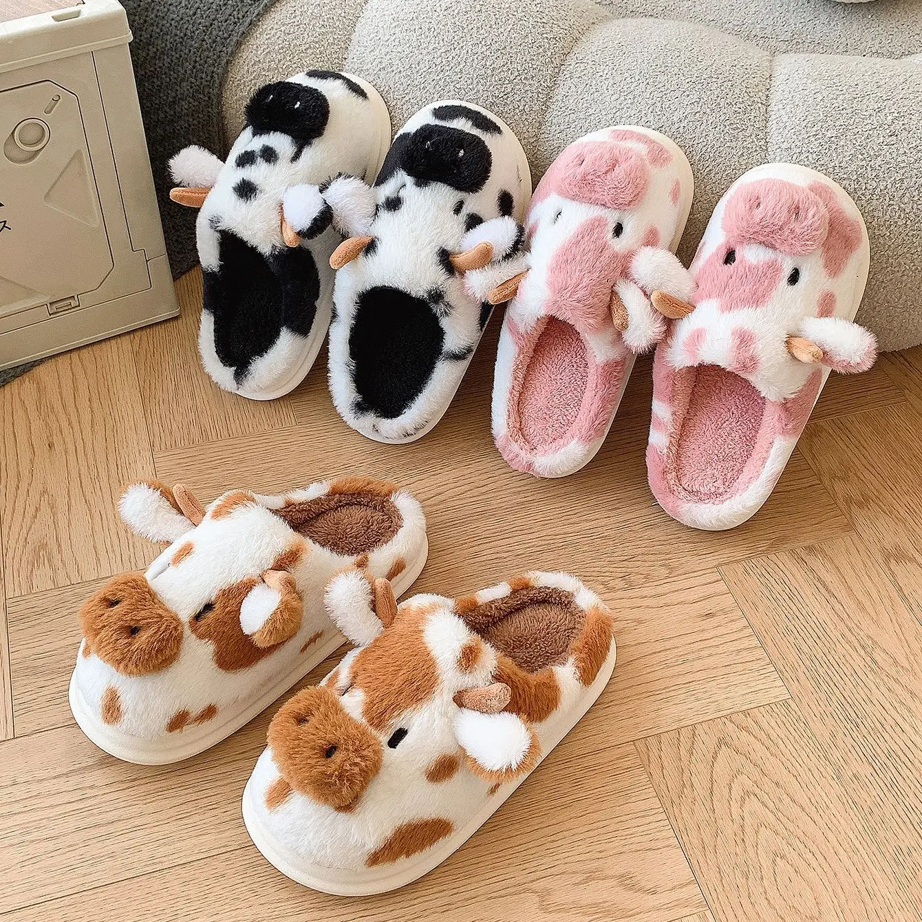 Cartoon Cow Slippers Winter Indoor Outdoor Slippers for Women Men Closed Toe Cotton Non-Slip EVA Sole Warm Comfortable Cozy House Slippers
