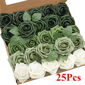 25Pcs Artificial Flowers 3" Roses in Emerald Green Shades, Realistic DIY Foam Floral Fill for Wedding Bouquets/Centerpieces, Outdoor Party Backdrops, Room/Table, Garden/Pot Decorations Decorative Fruit