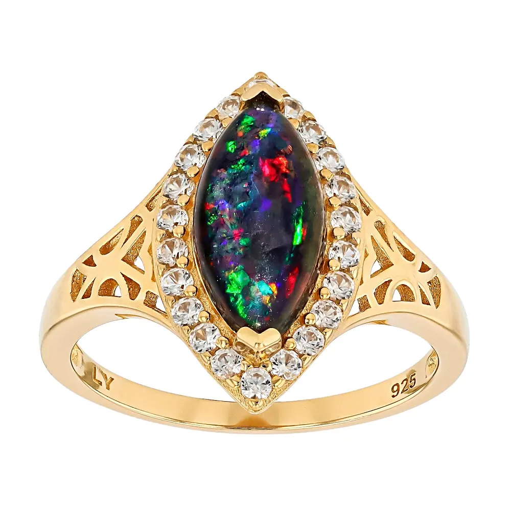 JTV Black Ethiopian Opal With White Zircon 18k Yellow Gold Over Sterling Silver Ring 1.17ctw